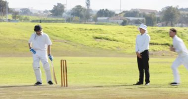 Çok ırklı erkek kriket oyuncularından oluşan iki takım ve sahada kriket oynayan erkek hakem. Spor, etkinlik, takım çalışması, rekabet ve kriket.
