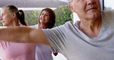Yoga pratiği, kıdemli arkadaşların açık havada grup seansında kollarını açmaları. egzersiz, zindelik, sağlık, sağlık, yaşlılar