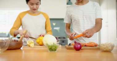 Modern mutfakta sebze hazırlamak, Asyalı erkek ve kız kardeşlerin malzemeleri birlikte doğraması. Aşçılık, aşçılık, takım çalışması, hazırlık, yerli, yaşam tarzı