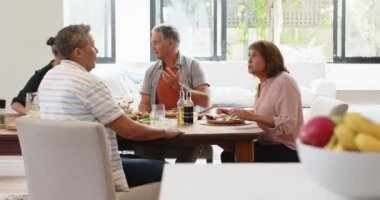 Öğle yemeği yemek, son sınıf arkadaşları gülmek ve yemek masasında sohbet etmek. Arkadaşlık, yemek, mutluluk, yaşam tarzı, kahkaha, birliktelik