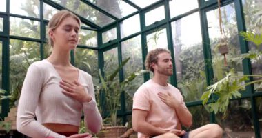 Yoga yapıyorlar, kadın ve erkek cam evde elleri göğsünde meditasyon yapıyorlar. Meditasyon, sağlık, farkındalık, fitness, çift, rahatlama