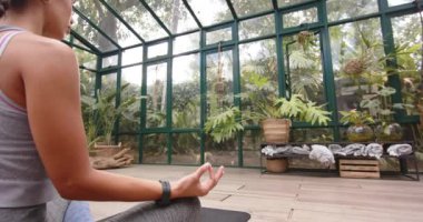 Yoga çalışması, cam evde meditasyon yapan bir kadın bitkilerle çevrili, fotokopi odası. Sağlık, meditasyon, fitness, kapalı alan, sağlıklı yaşam tarzı, rahatlama