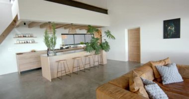 Deri koltuklu modern oturma odası ve bar tabureli mutfak adası. İç, çağdaş, mobilya, tasarım, ev, dekor, arkaplan