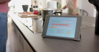 Modern mutfakta yemek pişirirken enerji kullanımını izlemek için tablet kullanmak. Teknoloji, akıllı ev, alet