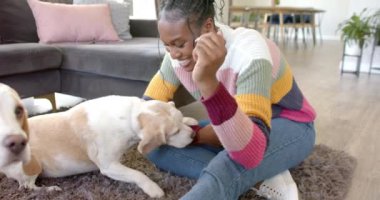 Halıda köpekle oynamak, renkli kazaklı bir kadın evde eğleniyor. Evcil hayvan, evcil, rahatlama, bağlanma, neşeli, rahat