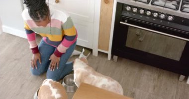 Afro-Amerikalı kadın mutfakta köpeğini besliyor, ikisi de evde kâseye bakıyor. Saçları örgülü, renkli kazakları var, yerde diz çöküyor, değişmemiş, ağır çekimde.