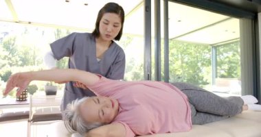 Kol egzersizlerinde yaşlı bir kadına yardım etmek, terapi seanslarında fizyoterapist olmak. Fizik tedavi, ev bakımı, rehabilitasyon, yaşlılar, sağlık hizmetleri, yardım