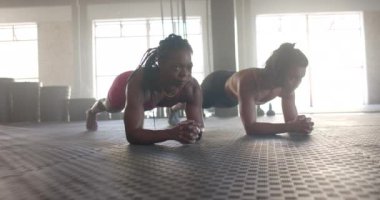 Tahta egzersizi, spor salonunda birlikte çalışan iki kadın. egzersiz, eğitim, güç, ortaklık, kararlılık, motivasyon