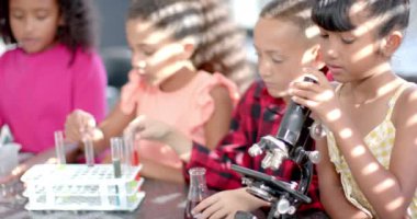 Çeşitli bir grup genç öğrenci bilim deneyi yapıyor. Kıvırcık saçlı Afrikalı bir kız test tüpünü, uzun kahverengi ve siyah saçlı akranlarıyla birlikte inceliyor.