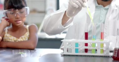 Bir okul laboratuvarında, genç bir melez öğrenci bir bilim deneyine bakıyor. Çift ırklı bir erkek öğretmen, bir kimya deneyi gösteriyor. Elle öğrenme ortamı geliştiriyor. Değiştirilmemiş.