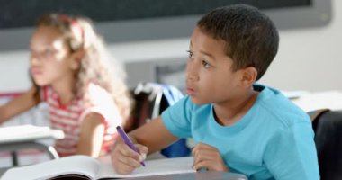 Çift ırklı çocuklar okuldaki bir sınıfta yazmaya odaklanırlar. Ön plandaki çocuk notları yazarken, arka plandaki kız konsantre ve yavaş çekimde görünüyor..
