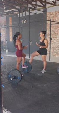 Dikey video: Konuşan ve gülümseyen, spor salonundaki iki kadın idmandan sonra halterde dinleniyor. Fitness, egzersiz, güç, rahatlama, arkadaşlar, sohbet