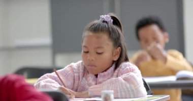 Okulda, sınıfta deftere yazı yazan bir kız, derse konsantre oluyor. Eğitim, okula dönüş, öğrenme, öğrenme, çocukluk, değiştirilmemiş, yavaş çekim