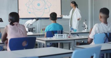 Fen dersi veriyorum, laboratuvar önlüklü eğitmen okulda öğrencilere sunum yapıyorum. Eğitim, öğrenme, sunum