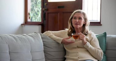 Evde dinleniyor, son sınıf öğrencisi kadın rahat koltukta çayını içiyor, huzur içinde gülümsüyor. Rahatlık, rahatlık, yaşlılık, rahatlık, yaşam tarzı, sükunet