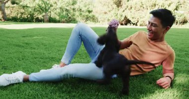 Asyalı bir adam çimenlerde rahatlıyor, güneşli parkta köpekle oynuyor. Açık hava, eğlence, evcil hayvan, köpek, boş zaman, doğa.