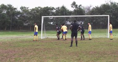 Futbolcular sahada golü hakem gözlemlemesiyle kutluyorlar. Futbol, zafer, takım çalışması, kutlama, spor, başarı