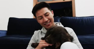 Videoda gülümseyen Asyalı adam elinde sevimli bir köpekle kanepeyi işaret ediyor. Evcil hayvan, evcil hayvan, eğlence, mutluluk, bağ, arkadaşlık.