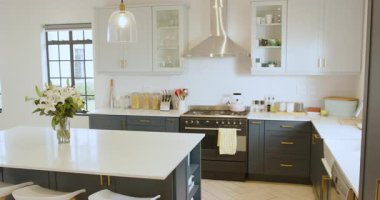 Şık aletleri ve şık dolapları olan modern mutfak, evde pişirmeye hazır. iç, çağdaş, aşçılık, tasarım, ev, yaşam tarzı