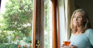 Pencere kenarında çaydan zevk alan yaşlı bir kadın, düşünceli bir şekilde bahçeye bakıyor, evde. Yaşlılık, rahatlama, tefekkür, huzur, sükunet, içecek.