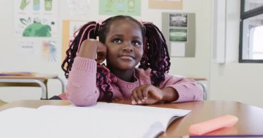 Sınıfta, el kaldıran genç bir kız, okulda öğrenme aktivitesiyle meşgul. Eğitim, katılım, katılım, akademik, kız, bilgi