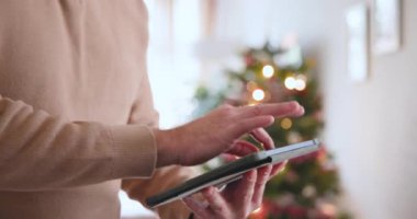 Noel 'de, Noel Baba şapkası takan gülümseyen son sınıf öğrencisi evde bayramın tadını çıkarıyor. Noel, kutlama, mutluluk, yaşlılar, Noel Baba, bayram mevsimi