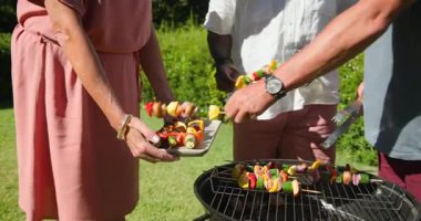 Bahçede rengarenk sebze şişleri pişiriyor, çeşitli arkadaşlarla güneşli bir günün tadını çıkarıyor. Barbekü, sosyalleşme, yaz, sebze, eğlence, arkadaşlık.