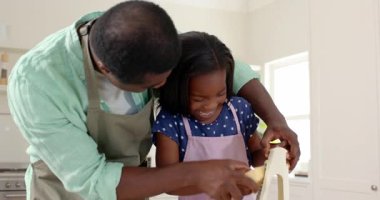 Afro-Amerikalı, baba-kız mutfakta peynir rendeliyor, gülümsüyor ve kaynaşıyor. Aile, aşçılık, birliktelik, aşçılık, ebeveynlik, mutluluk.