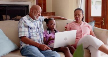 Değişik büyükbabalar ve torunlar dizüstü bilgisayarlarını kanepede birlikte kullanıyor, evde ailece vakit geçiriyorlar. Bağlanma, teknoloji, nesiller arası, bağlantı, bilgisayar, kalite zaman