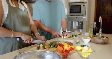 Mutfakta, kıdemli çeşitli çiftler birlikte taze sebzeler hazırlıyor, evde mutlu bir şekilde yemek pişiriyorlar. Sağlıklı, yaşam tarzı, hazırlık, emeklilik, takım çalışması