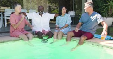 Çeşitli arkadaşlar havuzda rahatlıyor, içkilerle kadeh kaldırıyor, bahçe toplantılarında güneşleniyorlar. Kutlama, eğlence, arkadaşlık, birliktelik, tatil, içecek.