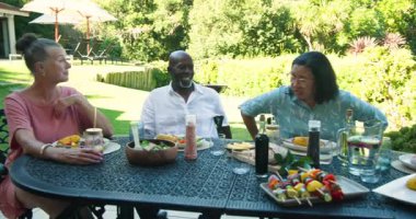 Farklı yaşlılar bahçede yemek yiyor, hikayelerini ve kahkahalarını güneşli bahçede paylaşıyorlar. Yaşlı, toplanan, yaz mevsimi, arkadaşlık, neşeli, piknik