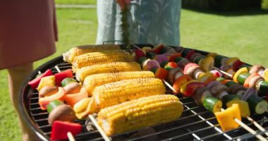 Güneşli arka bahçede ızgara renkli sebze şişleri ve ızgara mısır. Sebze, yaz, bahçede yemek, piknik