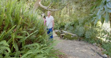 Kıdemli, çeşitli çiftler, yemyeşil bahçedeki ağaçlara ve bitkilere hayran kalarak doğa yürüyüşünden zevk alıyorlar. Yeşillik, bitki örtüsü, yürüyüş, bahçede rahatlama.