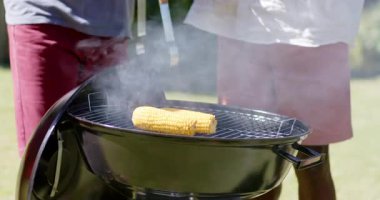 Bahçe ızgarasında mısır ve sebze ızgara, güneşli bir gün. yemek, yaz, piknik, yemek, yaşam tarzı