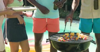 Çeşitli arkadaşlar gülüyor ve güneşli bahçede havuz partisinde içkinin tadını çıkarıyorlar. Kutlama, yaz, eğlence, toplanma, mutluluk, yaşam tarzı