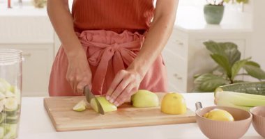 Parlak mutfakta yeşil elma dilimleyen bir kadın. Yemek pişirme, yemek hazırlama, sağlıklı, taze, aşçı, aşçı