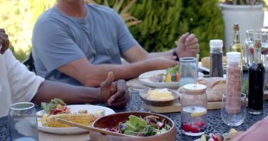 Bahçe yemeklerinde eğlenen çeşitli yaşlılar, bahçe ortamında hikayeler ve kahkahalar paylaşıyorlar. Yaşlılar, arkadaşlık, bağlılık, piknik, boş zaman, emeklilik