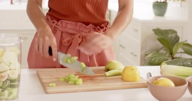 Parlak mutfakta taze meyve püresi hazırlayan bir kadın limon suyu sıkıyor. Sağlıklı beslenme, refah, ferahlatıcı, narenciye, C vitamini.