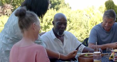 Bahçe yemeklerinde eğlenen çeşitli yaşlılar, bahçe ortamında hikayeler ve kahkahalar paylaşıyorlar. Yaşlılar, arkadaşlıklar, kaynaşma, sosyalleşme, mutluluk, rahatlık.