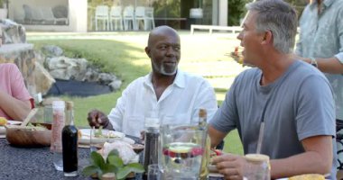 Farklı kıdemli arkadaşlar bahçede öğle yemeğinin tadını çıkarıyorlar, kahkahalar ve taze meyve tabakları paylaşıyorlar. Arkadaşlık, yemek, sosyalleşme, piknik, yaz, toplanma