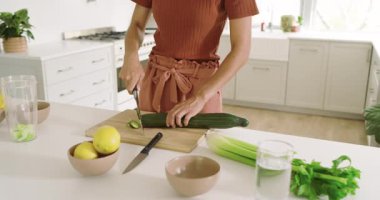 Modern mutfakta taze meyve ve sebzelerle sağlıklı meyve suyu hazırlayan bir kadın. Beslenme, sağlık, yaşam tarzı, hazırlık, yemek pişirme, harmanlama