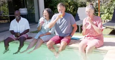 Farklı yaşlılardan oluşan bir grup havuz başında rahatlıyor, bahçede içki içip sohbet ediyorlar. Emeklilik, tatil, eğlence, sosyalleşme, yaşam tarzı, rahatlama.