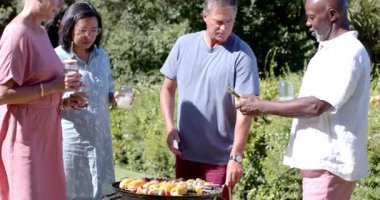 Bahçe barbeküsünde eğlenen, sohbet eden ve içki içen bir grup son sınıf öğrencisi. Toplanma, rahatlama, bahçede, sosyalleşme, yaşlılık, boş zaman