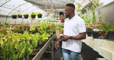 Kadın seradaki serada çiçek yetiştirirken, erkek kahve içiyor. Bahçıvanlık, bahçıvanlık, kafein, kahve molası, takım çalışması, sürdürülebilir