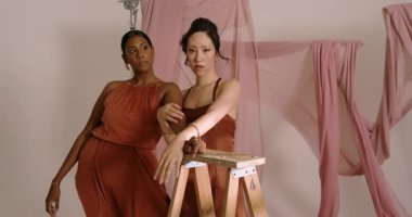 Çeşitli bayan meslektaşlar birbirlerine göz attıktan sonra kollarını merdivene dolayıp pembe arka plana sardılar. Moda, zarafet, samimiyet, işbirliği, profesyonellik, yumuşaklık, sanatsal