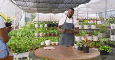 Önlüklü Afrikalı Amerikalı bir adam seradaki bir kadınla bitki bakımını tartışıyor. Bahçıvanlık, bahçıvanlık, botanik, takım çalışması, işbirliği, tartışma