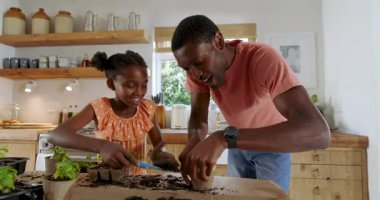 Mutfak masasına fidanlar dikmek, Afrikalı Amerikalı baba ve çocuk, farklı aile zamanları, evde. Bahçıvanlık, bağlanma, birliktelik, ebeveynlik, ev, yetiştirme