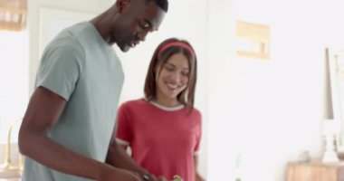 Çeşitli çiftler evde salata hazırlıyor, gülümsüyor ve eğleniyorlar. Çeşitli çiftler, yemek pişirme, işbirliği, sağlıklı beslenme, çeşitlilik, yaşam tarzı