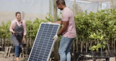 Discussing solar panel installation for sustainable gardening, diverse workers, nursery, greenhouse. sustainability, renewable, energy, environment, teamwork, consultation